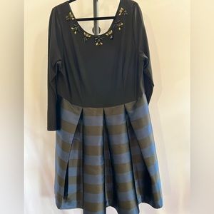 Eliza J Black Blue Stripe Jewel Collar Fit & Flare Party Dress 18W